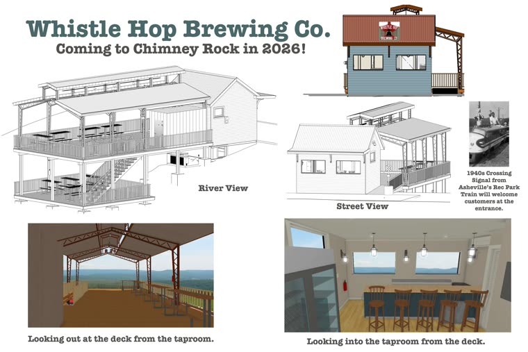 Chimney Rock taproom design board — river view, street view, and taproom renderings