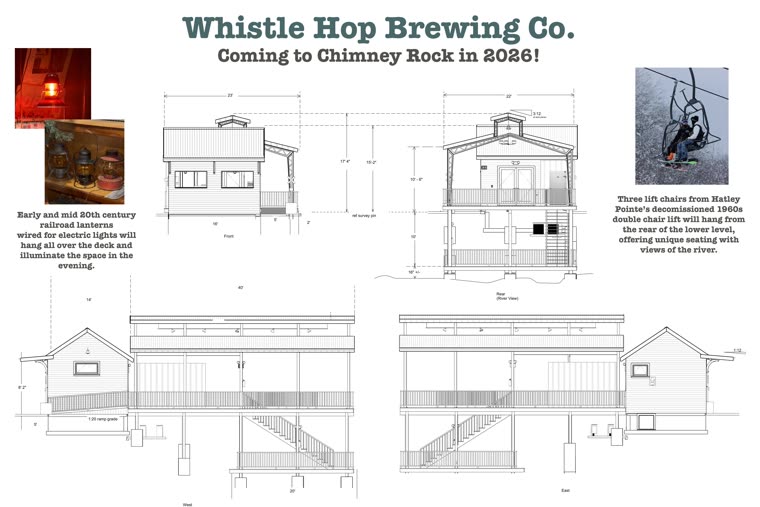 Chimney Rock taproom design board — front, rear, and side elevations with heritage details
